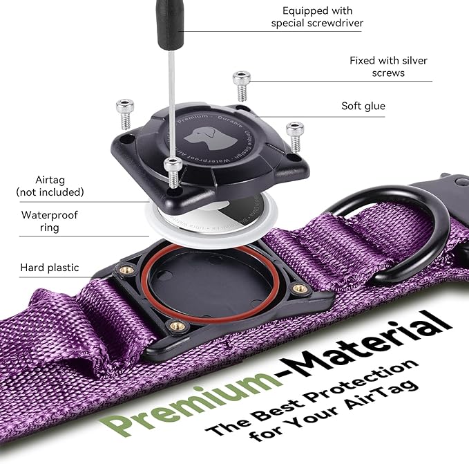 2026 Upgrade Waterproof AirTag Dog Collar, Military Tactical Dog Collar with AirTag Holder, Comfortable Control Handle and Metal Buckle, GPS Dog Collar Holder for Medium to Large Dogs (Purple, XL)