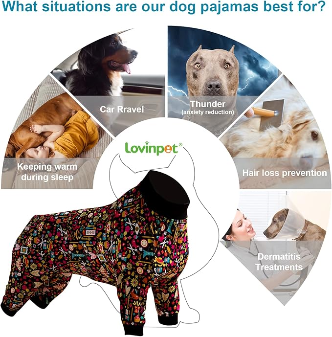 LovinPet Pet Pajamas for Pit Bulls, Full Coverage Dog Pjs with Black Trim, Decoupage Ink Print, Post Surgery Shirt, UV Protection, Pet Anxiety Relief Shirt, Large Dog Jammies, Pitbull Clothes, M