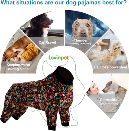 LovinPet Pet Pajamas for Pit Bulls, Full Coverage Dog Pjs with Black Trim, Decoupage Ink Print, Post Surgery Shirt, UV Protection, Pet Anxiety Relief Shirt, Large Dog Jammies, Pitbull Clothes, M