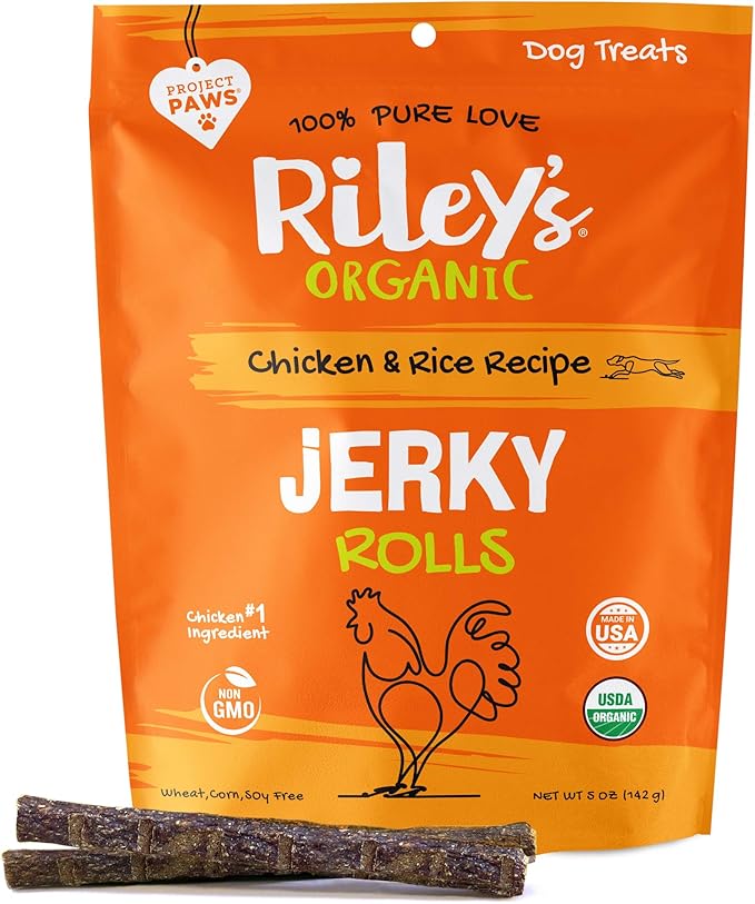 Organic Dog Jerky Treats - Chicken & Rice Dog Training Treats - Soft Jerky Rolls for Dogs - 5 oz, 142g, High Protein, Large Breed, All Life Stages