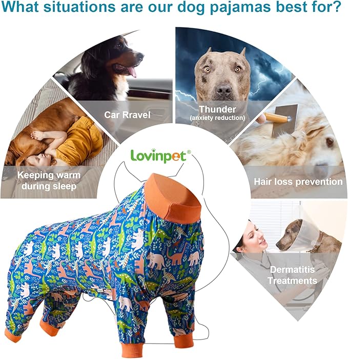LovinPet Large Breed Dog Clothes Pajamas, Wound Care/Post Surgery Full Coverage Shirt, Dinosaur Land Blue Print, Lightweight Stretchy Knit Pullover Dog Onesie, Pet Pajamas for Dogs, Pet PJ's, 2XL