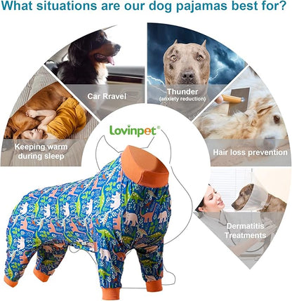 LovinPet Large Breed Dog Clothes Pajamas, Wound Care/Post Surgery Full Coverage Shirt, Dinosaur Land Blue Print, Lightweight Stretchy Knit Pullover Dog Onesie, Pet Pajamas for Dogs, Pet PJ's, XL