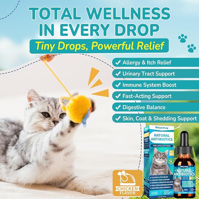 Woyamay Antibiotics for Cats, Natural Antibiotic for Allergy Relief, Urinary Tract Health, Itch Relief & Digestion Care, Cat Allergy Relief for Cats, Cat Immune Support Supplement, 4 Fl Oz