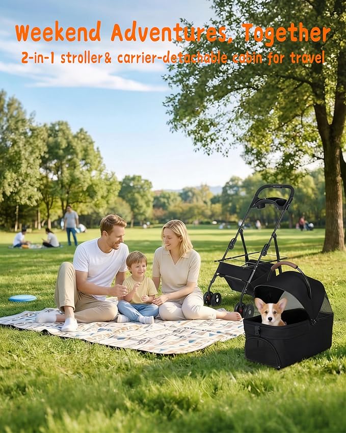 Pet Stroller with Removable Carrier, 35lbs Capacity - One-Click Foldable Dog Stroller, Cat Carrier & All-Terrain Wheels, Compact Travel Pet Stroller for Small to Medium Pets-Black
