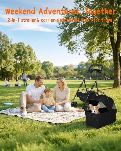 Pet Stroller with Removable Carrier, 35lbs Capacity - One-Click Foldable Dog Stroller, Cat Carrier & All-Terrain Wheels, Compact Travel Pet Stroller for Small to Medium Pets-Black