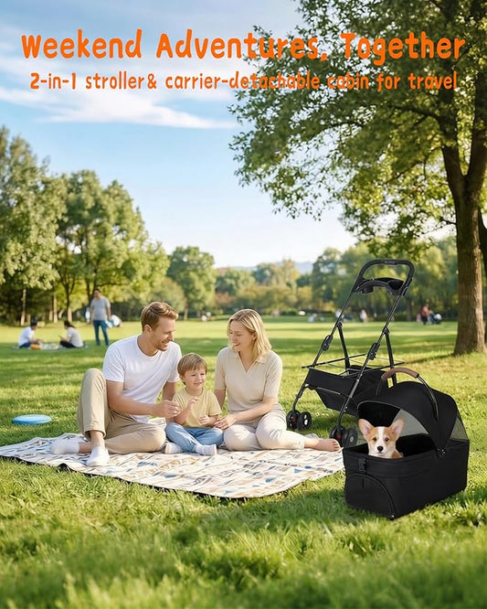 Pet Stroller with Removable Carrier, 35lbs Capacity - One-Click Foldable Dog Stroller, Cat Carrier & All-Terrain Wheels, Compact Travel Pet Stroller for Small to Medium Pets-Black