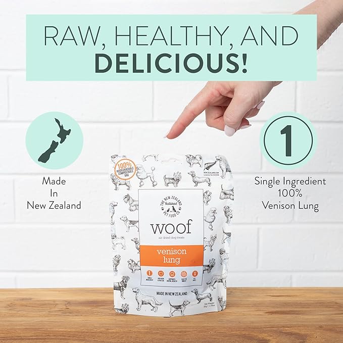 The New Zealand Natural Pet Food Co. WOOF Air Dried Dog Treats - Venison Lung, Treats for Large Dogs, Natural, Topper - 1.76 oz