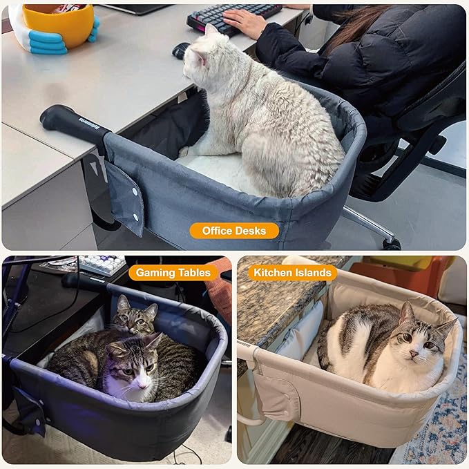 Cat Desk Bed for Large Cats 50 lbs Heavy Duty Cat Bed for Desk Attachment with Paw Design Extra-Sturdy Dog Chair Dual-Sided Mat Waterproof Easy Assembly for Gaming Desk Kitchen Island Blue