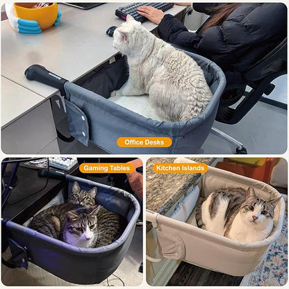 Cat Desk Bed for Large Cats 50 lbs Heavy Duty Cat Bed for Desk Attachment with Paw Design Extra-Sturdy Dog Chair Dual-Sided Mat Waterproof Easy Assembly for Gaming Desk Kitchen Island White