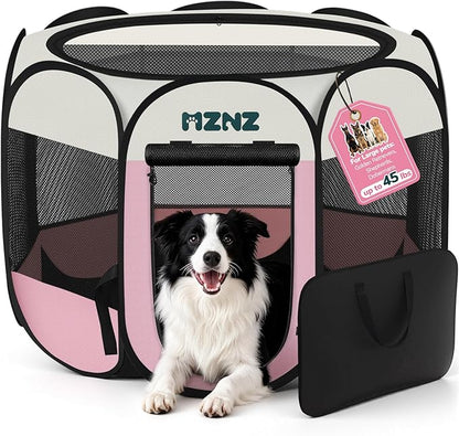Dog inside a MZNZ pet carrier with pink and black design on a white background