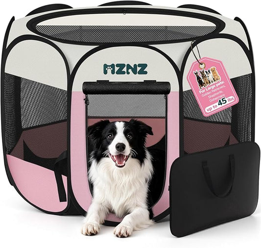 Dog inside a MZNZ pet carrier with pink and black design on a white background