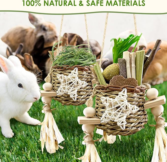 26Pcs Bunny Toys Basket for Small Pets, with 14Pcs Replacement Rabbit Toys for Bunnies Boredom Set Hanging Rodent Dental Toy with Papaya Stems Sweet Bamboo Hamsters, Chinchillas, Guinea Pigs