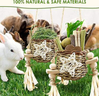 26Pcs Bunny Toys Basket for Small Pets, with 14Pcs Replacement Rabbit Toys for Bunnies Boredom Set Hanging Rodent Dental Toy with Papaya Stems Sweet Bamboo Hamsters, Chinchillas, Guinea Pigs