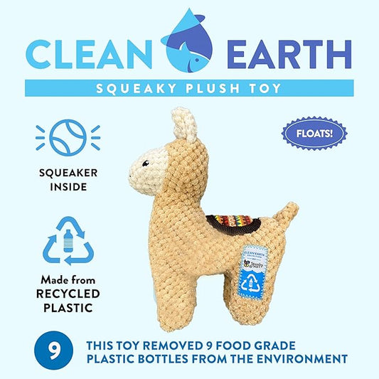 Spunky pup Clean Earth Plush Dog Toy with Squeaker - Recycled, Eco-Friendly, Floats for Beach, Lake, Pool - Llama
