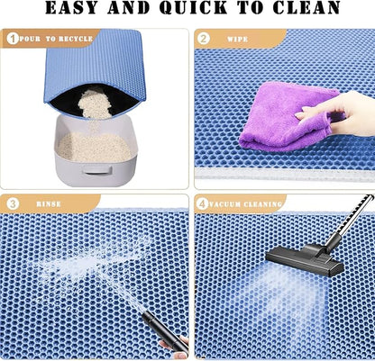 HCY&WLD Cat Litter Mat, Honeycomb Double Layer Cat Litter Trapping Mat, Waterproof Urine Proof Non-Slip, Scatter Control, Less Waste, Easier to Clean (Blue, 45" X 26")