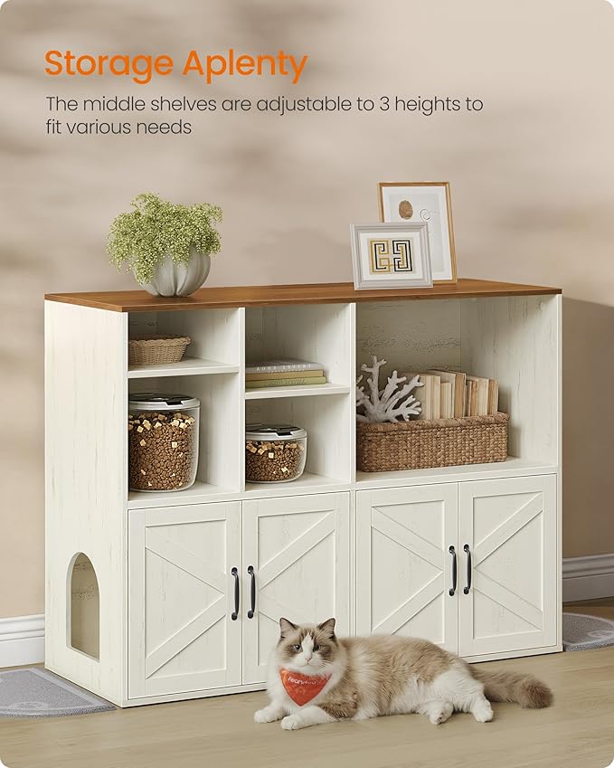 Feandrea Litter Box Enclosure for 2 Cats, Hidden Litter Box Furniture with Storage Cabinet, Double Room, Farmhouse Indoor Cat House Washroom, Honey Brown and Rustic White UPCL032WJ03