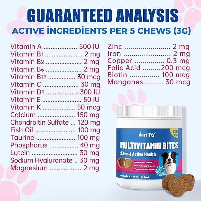 Just Try 300 Bites Multivitamin 23-in-1 for Dogs with Chondroitin Sulfate, Omega-3, Joint and Skin Support, 300g