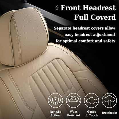 Coverado Front and Back Seat Covers for Cars, Nappa Leather Car Seat Covers, Automotive Seat Covers for Trucks, 5 Seats Waterproof Carseat Protector Car Seat Cover Beige, Universal Fit for Most Cars
