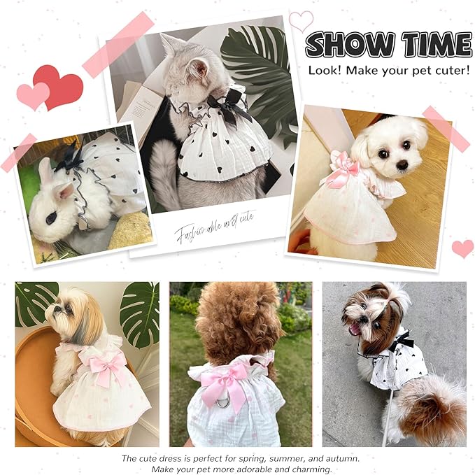 Dog Dresses for Small Dogs Girl Female Dog Cat Clothes Dress Cute Cotton Extra Summer Clothes Bow Decor Printed Love Birthday Outfit Puppy Clothes (Light Pink & Black, Small)