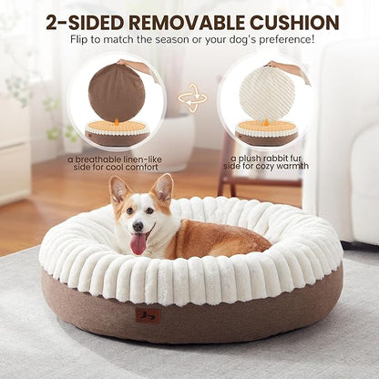 Donut Dog Bed Medium Size Dog 36 Inch, Round Cat Beds for Small Medium Dogs and Cats with Washable Fluffy Faux Fur, Cute Comfort Pet Bed with Anti-Slip Bottom, Cream