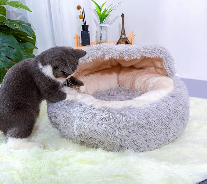 PetPals Round Cat Bed with Hoodie Cover and Removeable Washable Cushion, Super Soft Faux Fur Pet Bed for Puppy and Kitten with Anti-Slip Bottom (Faux Fur Igloo)