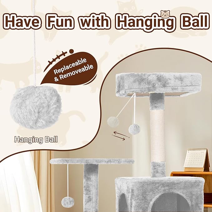 Cat Tree, 54-Inch Cat Tower for Indoor Cats, Soft Plush Multi-Level Climbing Cat Condo with Scratching Posts, Basket, Perches,2 Caves,2 Pompoms Play House for Cat (Light Grey01)