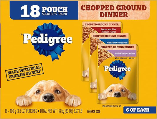 Pedigree Chopped Ground Dinner Wet Dog Food Pouches Variety Pack, 3.5 oz Pouches, 30 Count