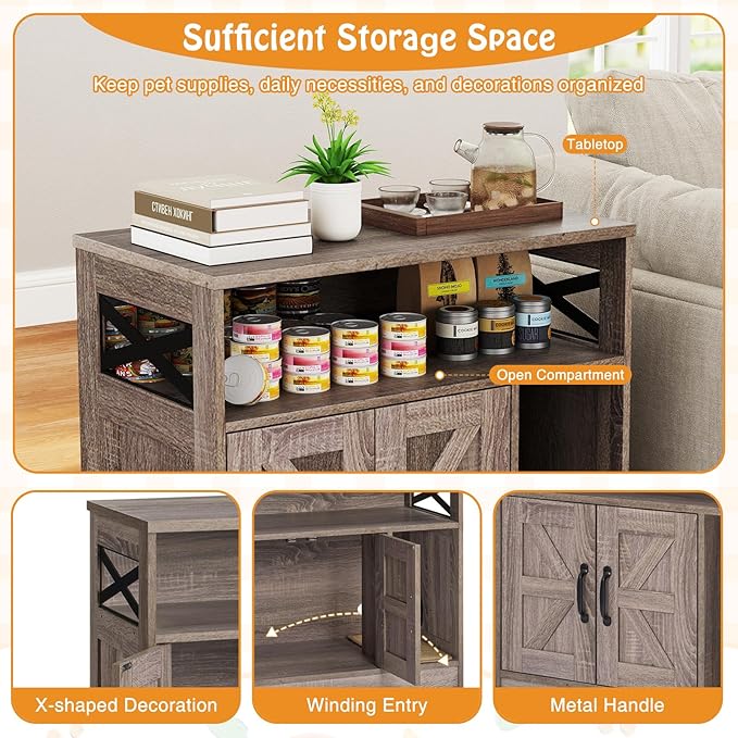 PETSITE Farmhouse Cat Litter Box Enclosure, Hidden Litter Box Enclosure Furniture with Open Storage Compartment, and Sisal Scratching Pad, Grey-Brown