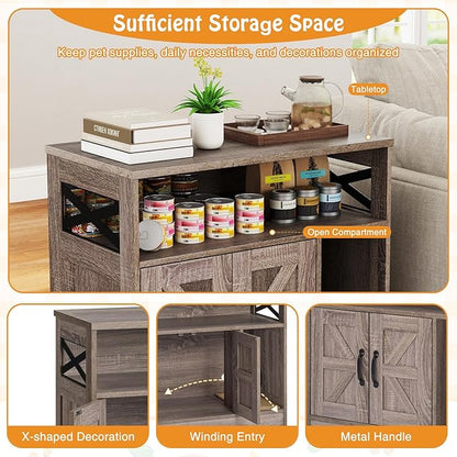 PETSITE Farmhouse Cat Litter Box Enclosure, Hidden Litter Box Enclosure Furniture with Open Storage Compartment, and Sisal Scratching Pad, Grey-Brown