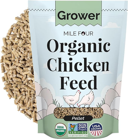Mile Four Organic Chicken Feed – Grower Pellet, Non-GMO, USA Grown, 18% Protein, Corn-Free, Soy-Free, Non-Medicated Feed for Chickens, 2 lb Sample