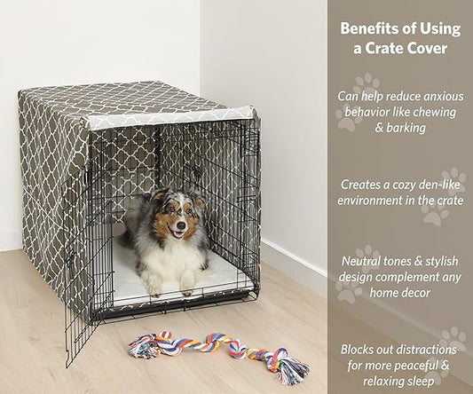 MidWest Homes for Pets Large Dog Crate Cover with Teflon Fabric Protector, Poly-Cotton Privacy Kennel Cover Fits Most 42-inch Crates, Brown Designer Print, Washable, Reduces Barking, CVR42T-BR