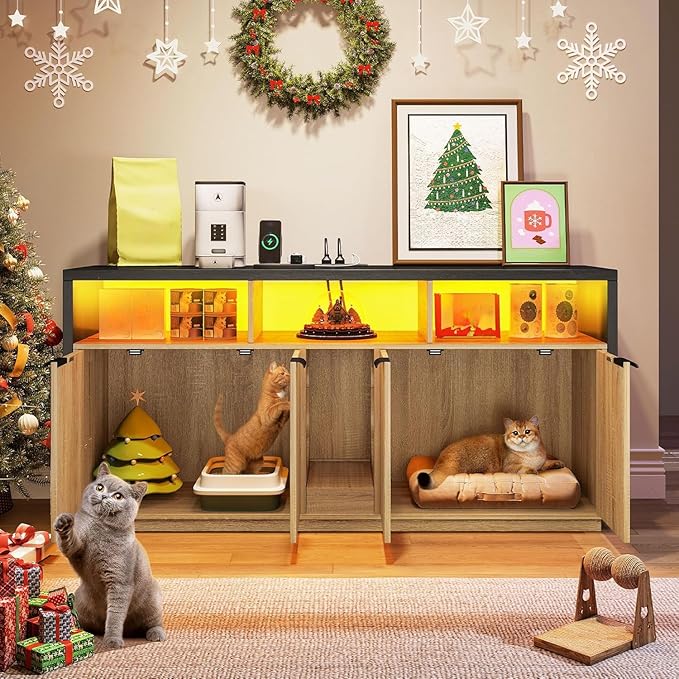 YITAHOME Double Hidden Cat Litter Box Enclosure with Power Outlet & LED Light, 60 Inch Dual Kitty Litter Box TV Stand Furniture for 2 Cats, Wooden Cat Cabinet for Indoor Cats, Grey Oak