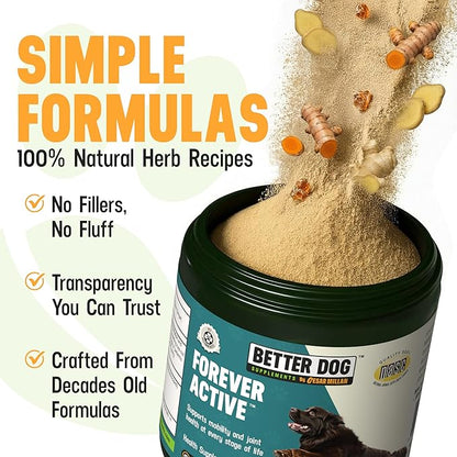 Better Dog Supplements Forever Active by Cesar Millan – Natural Dog Hip & Joint Care for Mobility, Flexibility & Comfort – Herbal Blend Dog Joint Supplement Powder – 4oz (60-Day Supply)