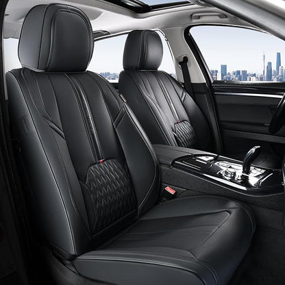 Coverado Car Seat Covers Full Set, Black Seat Cover with Lumbar Support, Luxury Leather Seat Covers for Front and Back, Waterproof Car Seat Protector Car Seat Cushion Universal Fit for Most Vehicles