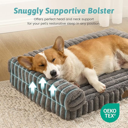 COZY KISS Cute Dog Bed for Small Dogs, Faux Rabbit Fur Orthopedic Foam Dog Bed with Sides, Removable Washable Cover & Waterproof Lining, Comfortable Pet Couch, Grey (30" L x 20" W x 6" Th)