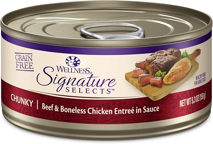 Wellness CORE Signature Selects Chunky Adult Canned Wet Cat Food, Natural, Protein Rich, Grain Free, Beef and Chicken Entrée Recipe, 5.3 oz, Pack of 12 Cans