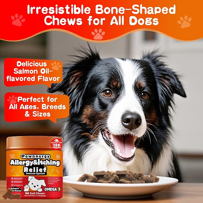 Dog Allergy & Itch Relief Chews - Salmon Oil Omega-3, Omega-6, Vitamin B1/B2/B6, Colostrum Probiotics Supplement for Seasonal Allergy, Hot Spots, Paw Licking, Scratching, 100 Soft Chews