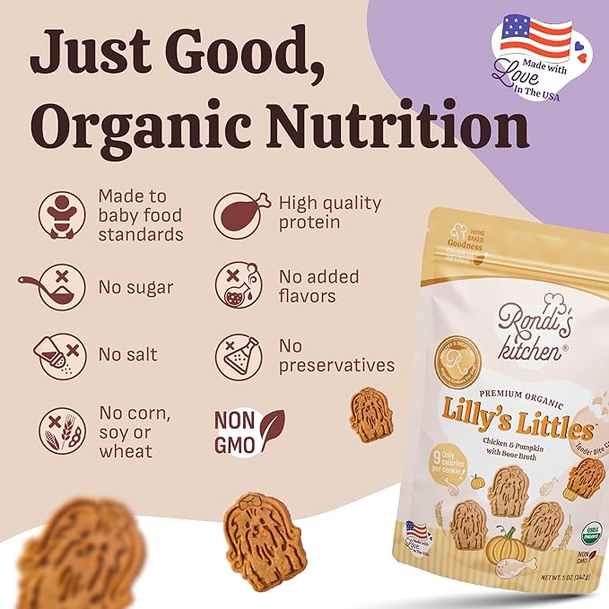 Rondi's Kitchen Lilly's Littles Organic Tender Dog Treats - Natural Doggie Cookie for Small Dogs, Puppy, Senior, Training - Human Grade Superfood Biscuit with Bone Broth - Chicken & Pumpkin