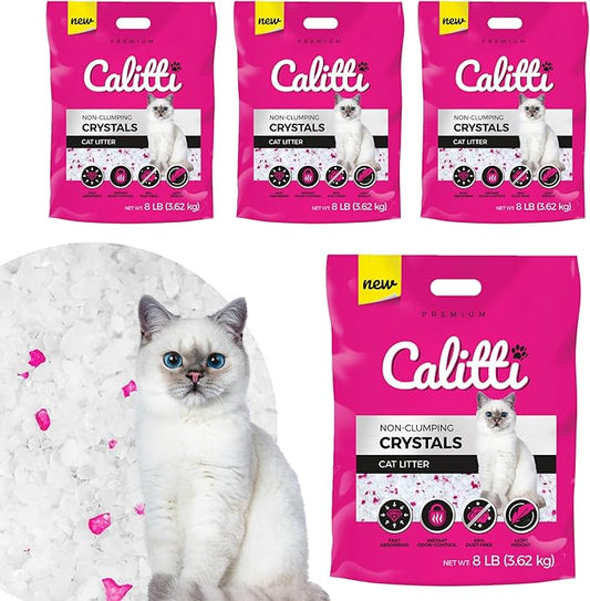 Calitti Premium Crystal Cat Litter – Ultra Absorbent & Maximum Odor Control – 99.9% Dust-Free, Low Tracking, Non-Clumping Silica Gel – Unscented – 32 lb (4 x 8 lb Packs)