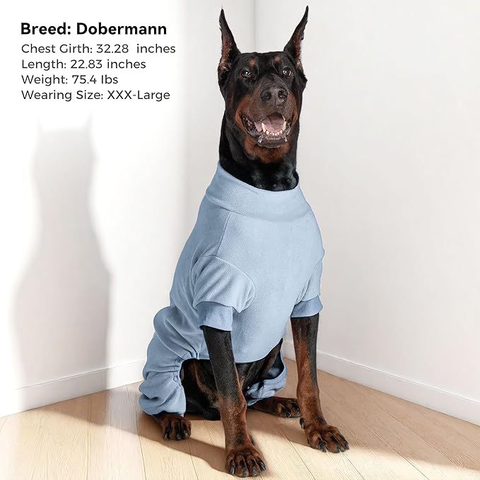 cyeollo Dog Pajamas XX-Large, Stretchable Fleece Pet Onesie Coat for Medium Large Sized Dogs Pjs Warm Puppy Jumpsuit Soft Cold Weather Dog Clothes Outfits, Light Blue XXL