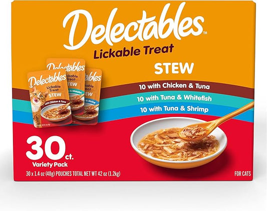 Delectables Lickable Treat Stew Wet Cat Treat Variety Pack, Food Topper, Hydrating, Grain-Free, No Fillers, No By-Products, No Added Preservatives, 1.4oz Pouch, 30ct