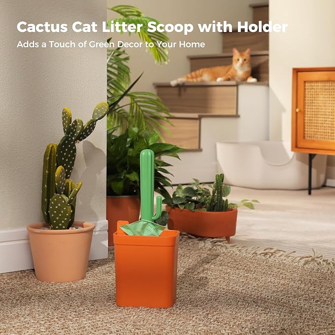 MUTTROS Cactus Cat Litter Scooper with Holder - 2 Replaceable Wheat Straw Plastic Shovels & ABS Handle and Box - Cat Litter Scoop with Bag & Trash Bag Storage - Premium Kitty Litter Scoop Green