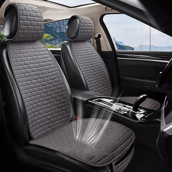 VarCozy Linen Car Seat Covers, Breathable Front Pair Seat Covers for Cars with Non-Slip Protector for All Seasons, Universal Front Seat Covers for Cars, SUVs, Trucks