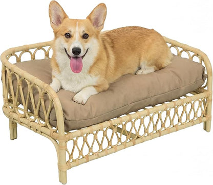 DBD1005B Elevated Pet Daybed 27.5" x 17", Handwoven Rattan Dog & Cat Bed with Machine Washable Cushion, Wicker Rattan Sofa for Small to Medium Pets, Bohemian Style, Light Brown
