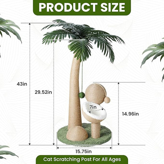 43 Inches Tall Cat Scratching Post for Large Cat, Coconut Tree Shaped Sisal Scratcher for Indoor Cat with Pompoms