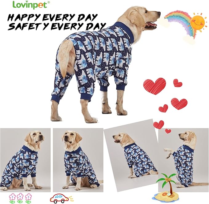 LovinPet Big Dog Pajamas, Post Surgery Onesie UV Protection, Blue Triangle Print, Lightweight Stretchy Big Dogs Pullover Shirt, Full Coverage Large Breed Dog Jammies, Pet PJ's, XL
