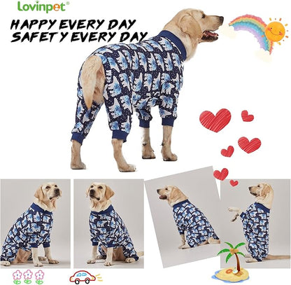 LovinPet Big Dog Pajamas, Post Surgery Onesie UV Protection, Blue Triangle Print, Lightweight Stretchy Big Dogs Pullover Shirt, Full Coverage Large Breed Dog Jammies, Pet PJ's, XL