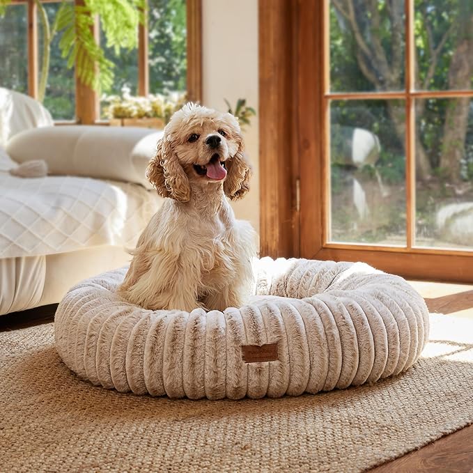 FUKUMARU Small Dog Bed, Gradient Color Donut Dog Beds for Anxious Puppies, 25 inches Calming Orthopedic Dog Beds, Round Pet Beds with Washable Cover, Cute Cat Bed for Indoor Cats, Camel