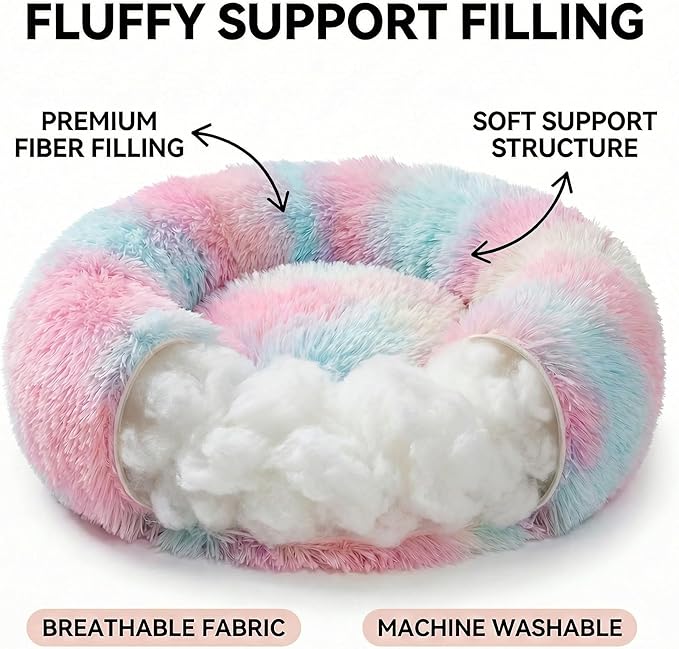 Tiny Dog Bed 11.8 Inch for Extra Small Dogs,Washable Puppy Bed,Soft Faux Fur Calming Donut Bed for Chihuahua Yorkie Maltese Pomeranian,Rainbow