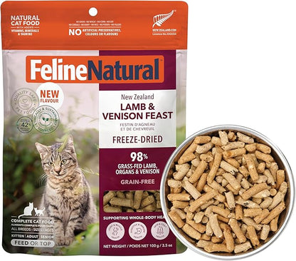 Feline Natural Freeze Dried Cat Food - Grain-Free and High Protein Cat Food from New Zealand, Complete Meal or Topper for Kittens, Adults, and Senior Cats, Grass-Fed Lamb and Venison, 3.5oz